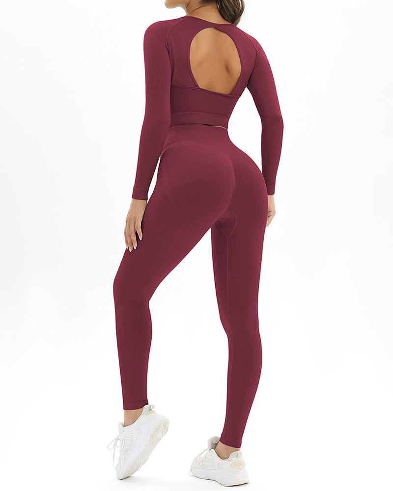 Long Sleeve Solid Color Backless Yoga Two-piece Set S-L Pants Sets