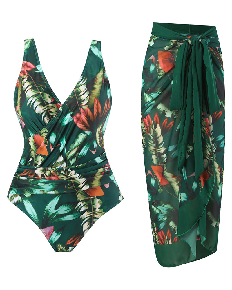 Boho Summer Sexy Printed V Neck Cover Up Two-piece Swimsuit S-XL