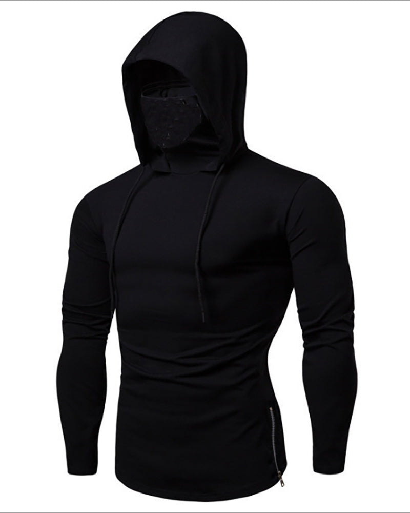 Solid Color Fitness Long Sleeve High Neck Mask Hooded Sweatshirt Deep Grey Black M-3XL