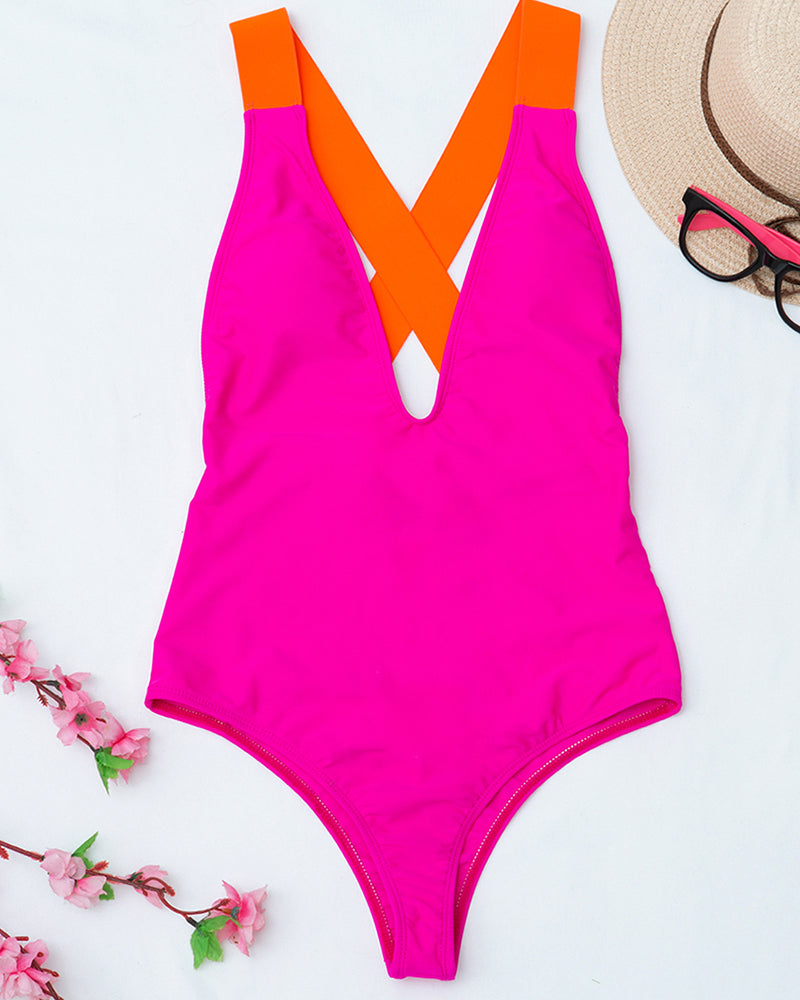 Women Cross Strappy Colorblock One Piece Swimwear White Red Black Rose Red S-L YY10347