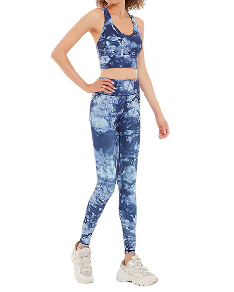 Women Sleeveless Printed V-neck Fitness Yoga Two-piece Suits Pink Blue Green Purple XS-XL Pants Sets