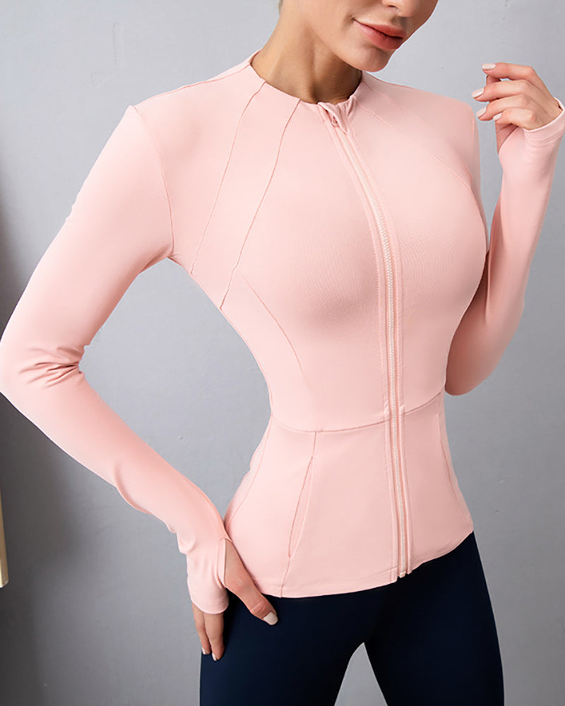 Ladies Fashion Round Neck Workout Long Sleeve Pockets Zipper Tght-Fitting Slimming Sports Fitness Yoga Top S-XL Coat