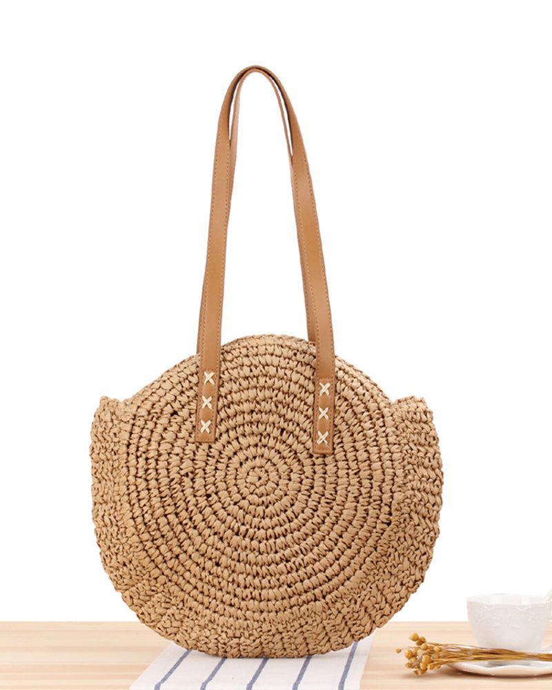Round Straw Beach Bag Vintage Handmade Woven Shoulder Bag Raffia circle Rattan bags Bohemian Summer Vacation Casual Bags OM6318