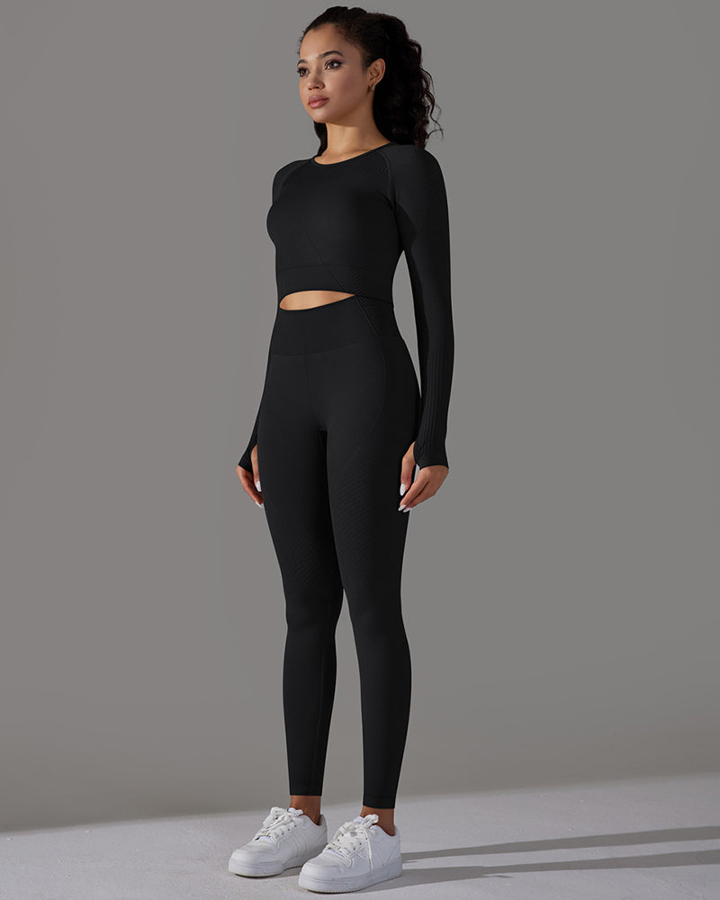 Woman O Neck Seamless Long Sleeve Knit Solid Color Yoga Pants Running Two Piece Sets S-L