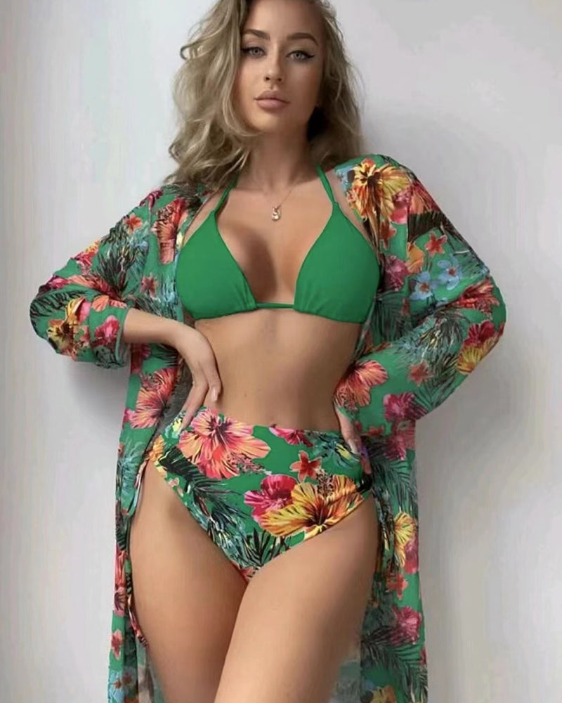 Floral Printed  Three  Piece Set Women Vacation Swimwear Set S-XL