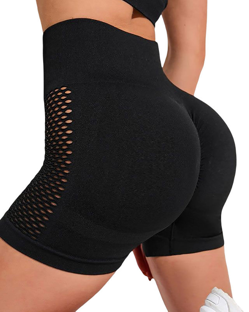 Sports Women Seam Up Back Slim Mesh Side Fitness Shorts Black S-2XL