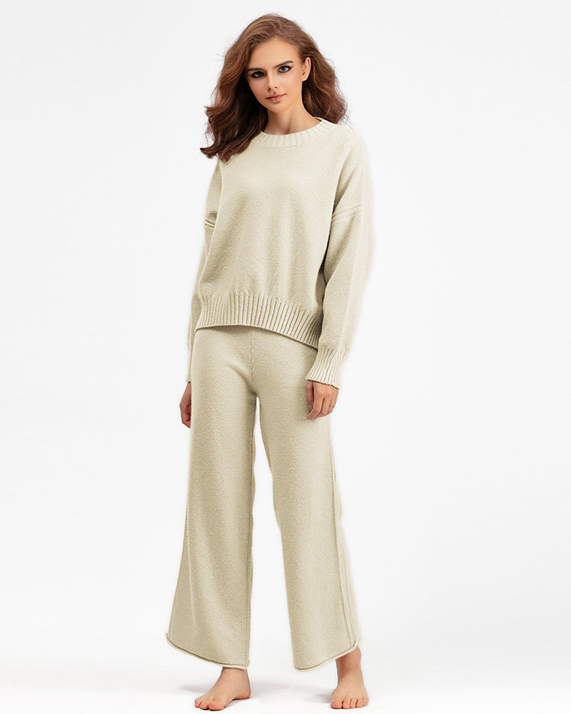 Autumn Winter New Long Sleeve Sweater Wide Leg Knit Pants Casual Wear Two Pieces Set One Size