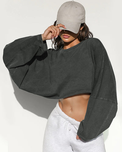 Hot Sale Crew Neck Loose Style Long Sleeve Short Sport Pullover Top S-XL