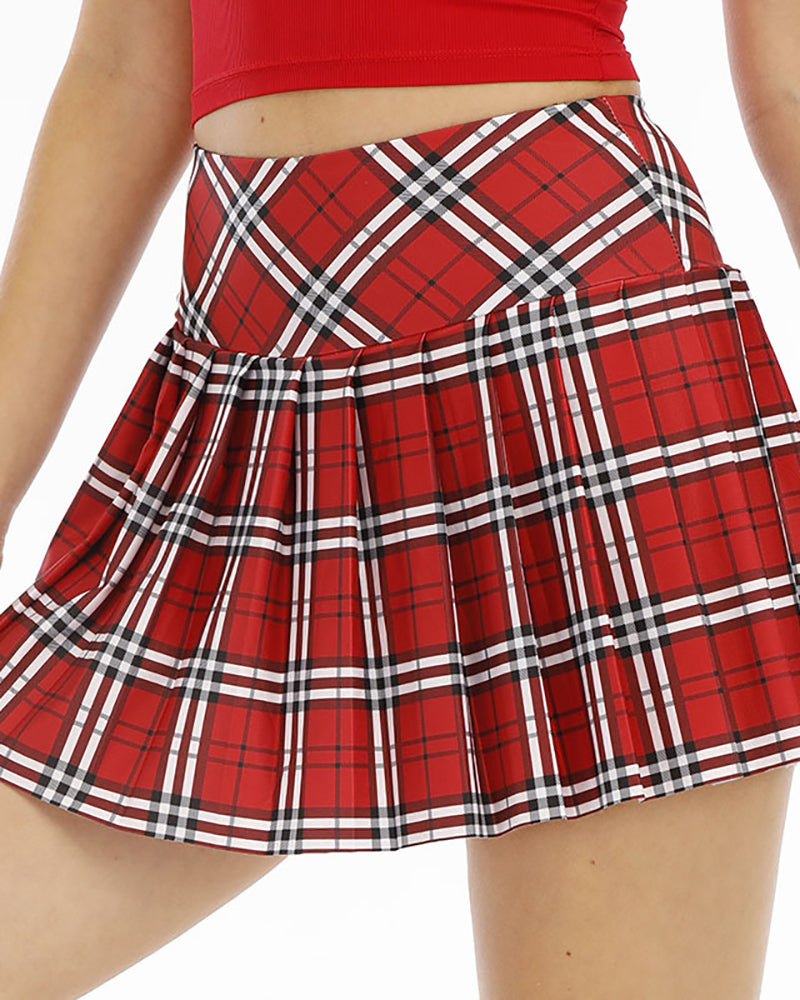 Plaid Elastic Bottoming Pocket Pleated Shorts Sports Dance Fitness Yoga Above-knee Tennis Skort Multi Color S-2XL