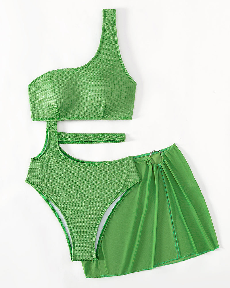 Women One Shoulder Hollow Out One-piece Bikini Mesh Beach Cover Two-piece Swimsuit Green XS-L