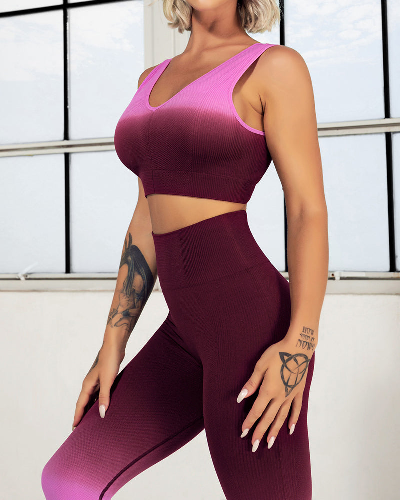 Gradient Yoga Suit Outdoor Workout Sports Suit V-neck Seamless Knitted Workout Suit S-L Pants Sets