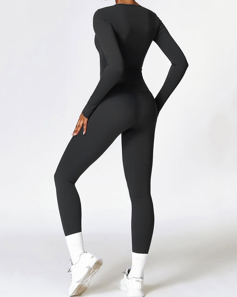 Women Long Sleeve Solid Color Sports Top High Waist Pants Yoga Two-piece Sets S-XL