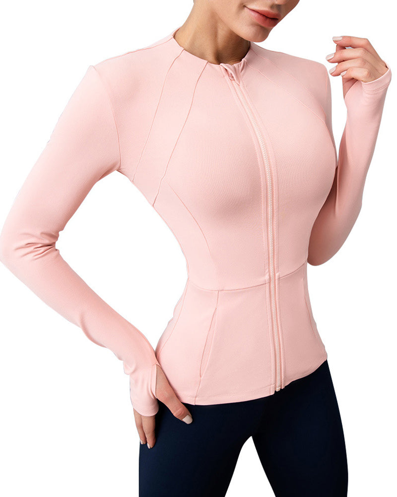 Ladies Fashion Round Neck Workout Long Sleeve Pockets Zipper Tght-Fitting Slimming Sports Fitness Yoga Top S-XL Coat