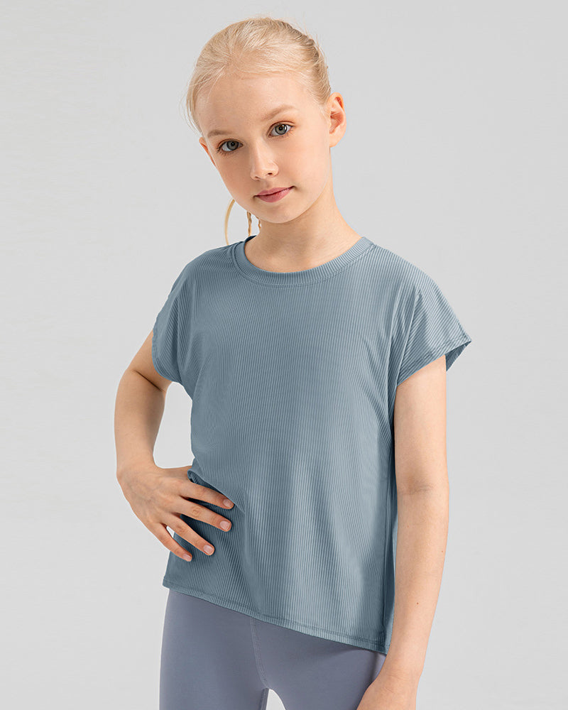 Girl Kids Loose Quick Dry O Neck Short Sleeve T-shirts Blue Pink Yellow Gray 120-150