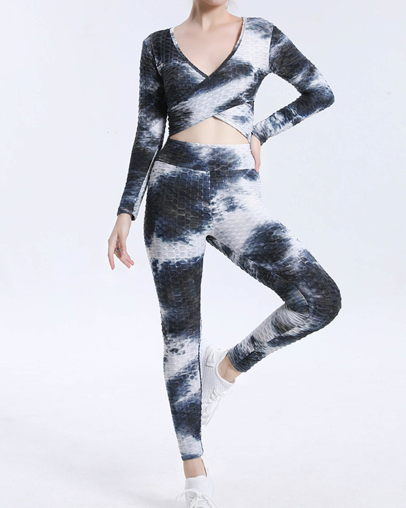 Yoga Cross Top High Waist Tie-Dye Yoga Pants Fitness Sports Suit S-XXL Pants Sets