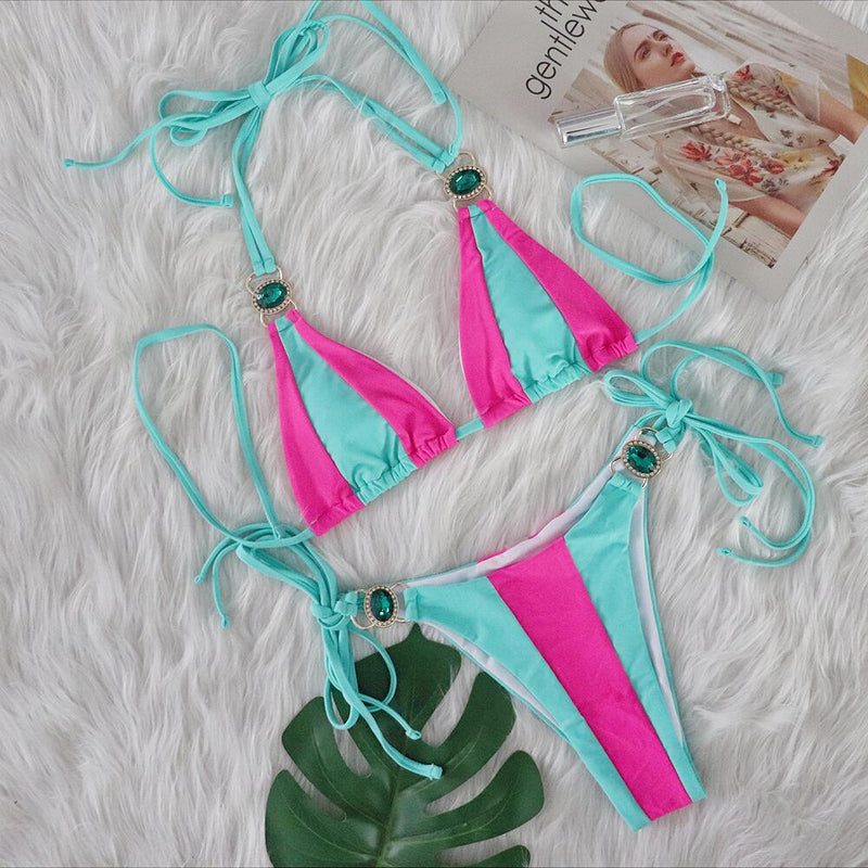 Colorblock Women Crystal Stone Bikini S-L