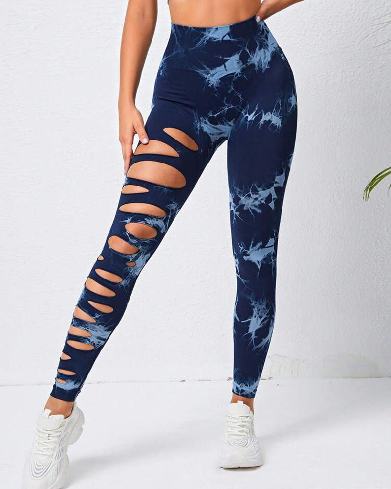 Women Hollow Out Tie Dye Sports Pants Yoga Leggings S-L