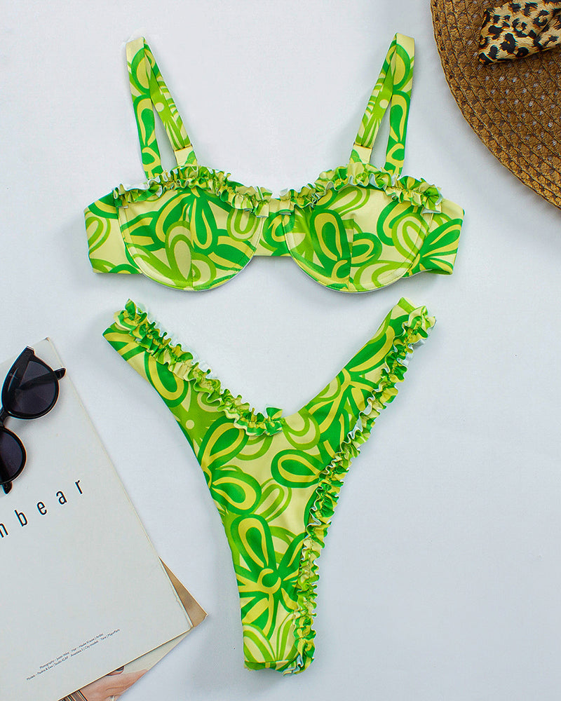 Florals Sexy Women High Cut Two-piece Swimsuit Pink Green Blue White Yellow S-L