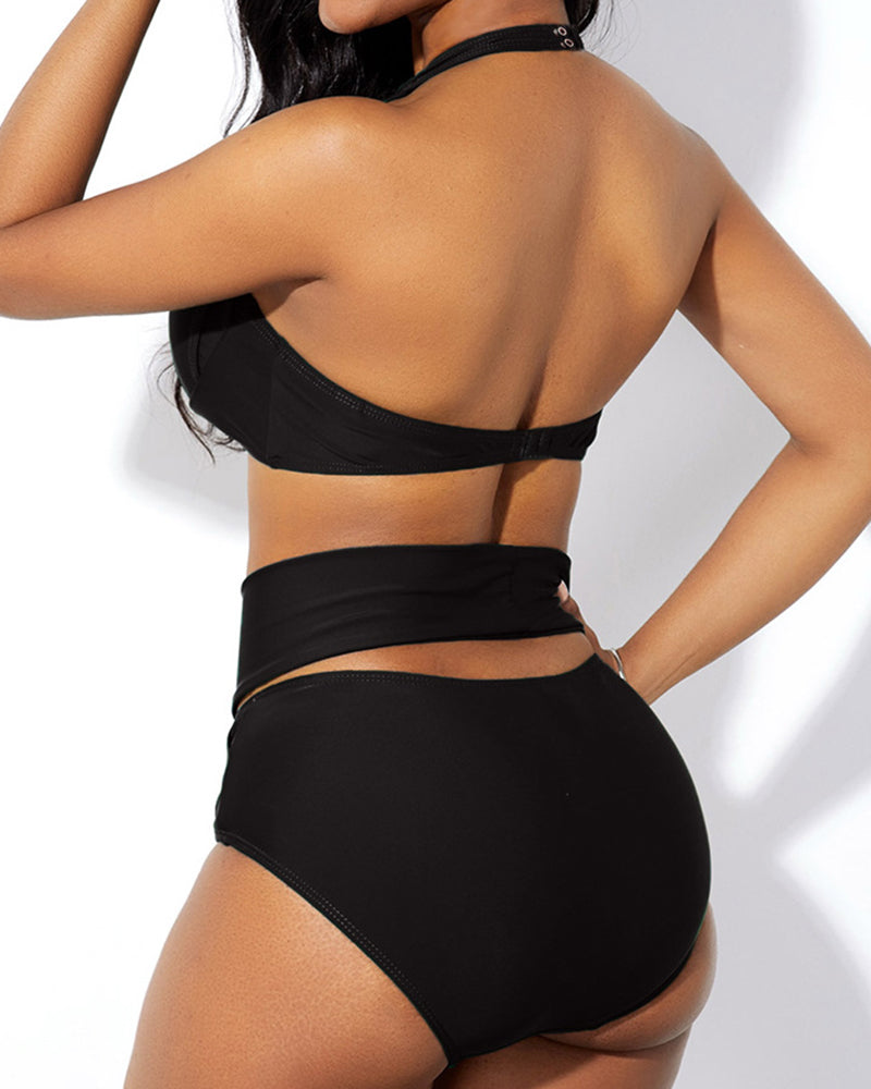 High Waist Solid Color Neck Front Cross Two-piece Swimsuit