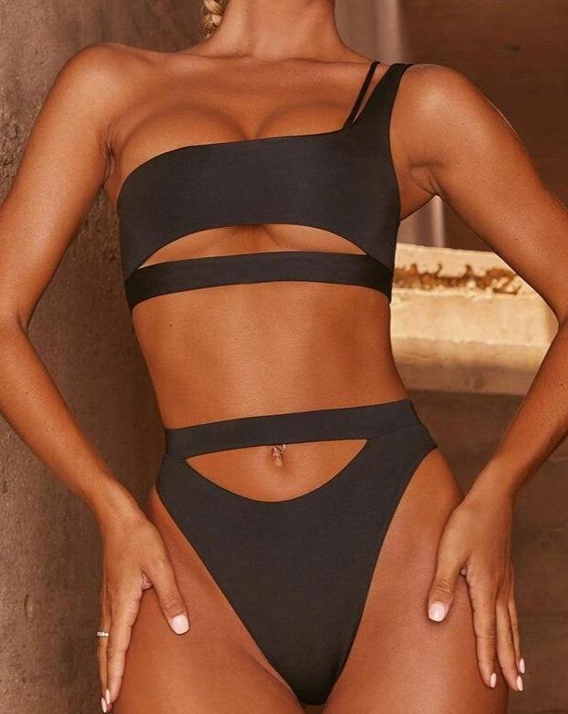 Solid Color Bikini 2021 New High Waist Bikini Set One Shoulder Swimwear Women&