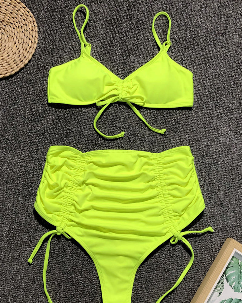 Solid Color High Waist Strappy Women Two-piece Swimsuit Beige Green Orange Black S-L