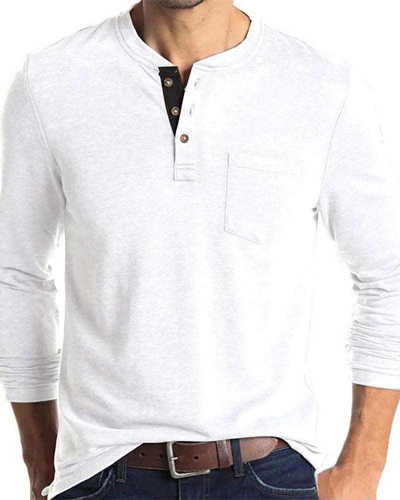 Mens Long Sleeve Button Neck Pocket Solid Color Basic Autumn T-shirt S-2XL