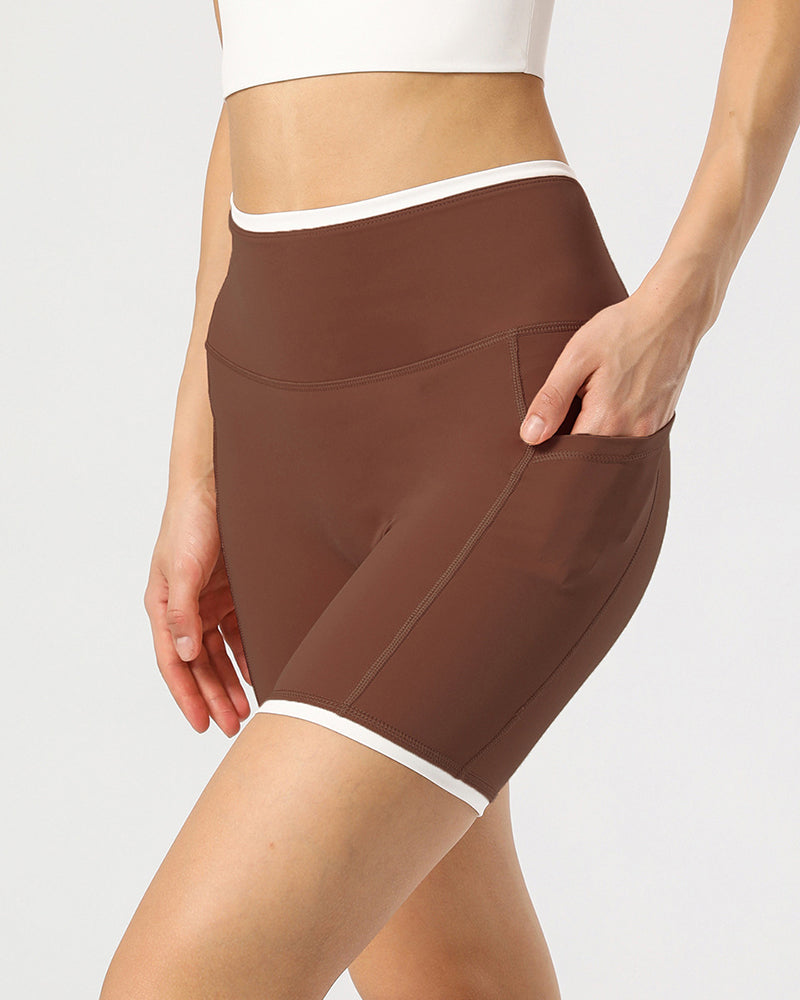 Colorblock SIde Pocket High Waist Yoga Shorts Green Light Apricot Black Purple Brown XS-XL