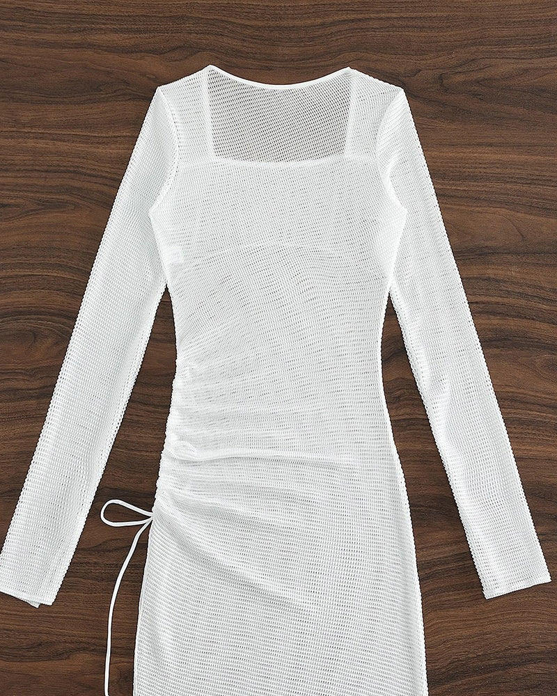 Women Long Sleeve Square Neck Side Drawstring Beach Dresses Cover Ups White S-XL