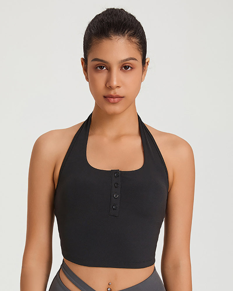 Women Sexy Halter Neck Button Yoga Quick Dry Sports Vest S-XL