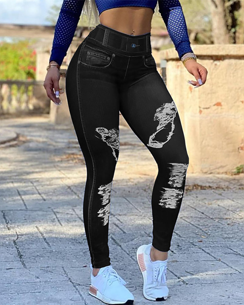 Wholesale Printed Fake Jean High Waist Sports Leggings Pants S-2XL