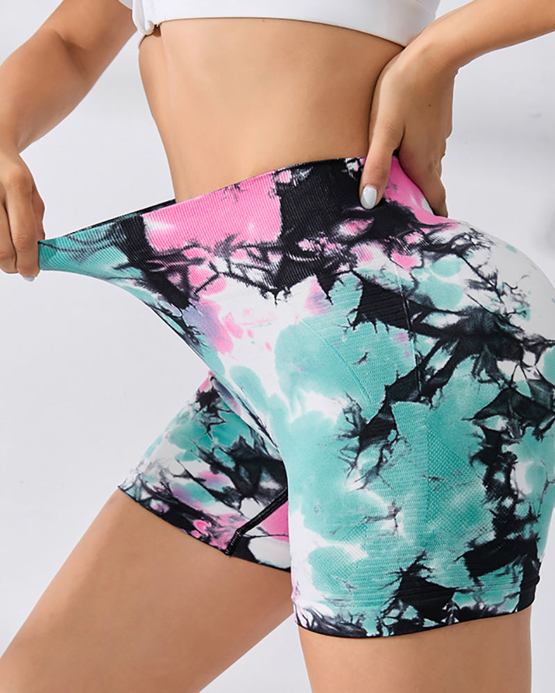 Women Summer Tie Dye Fitness High Waist Slim Running Shorts Colorful S-L