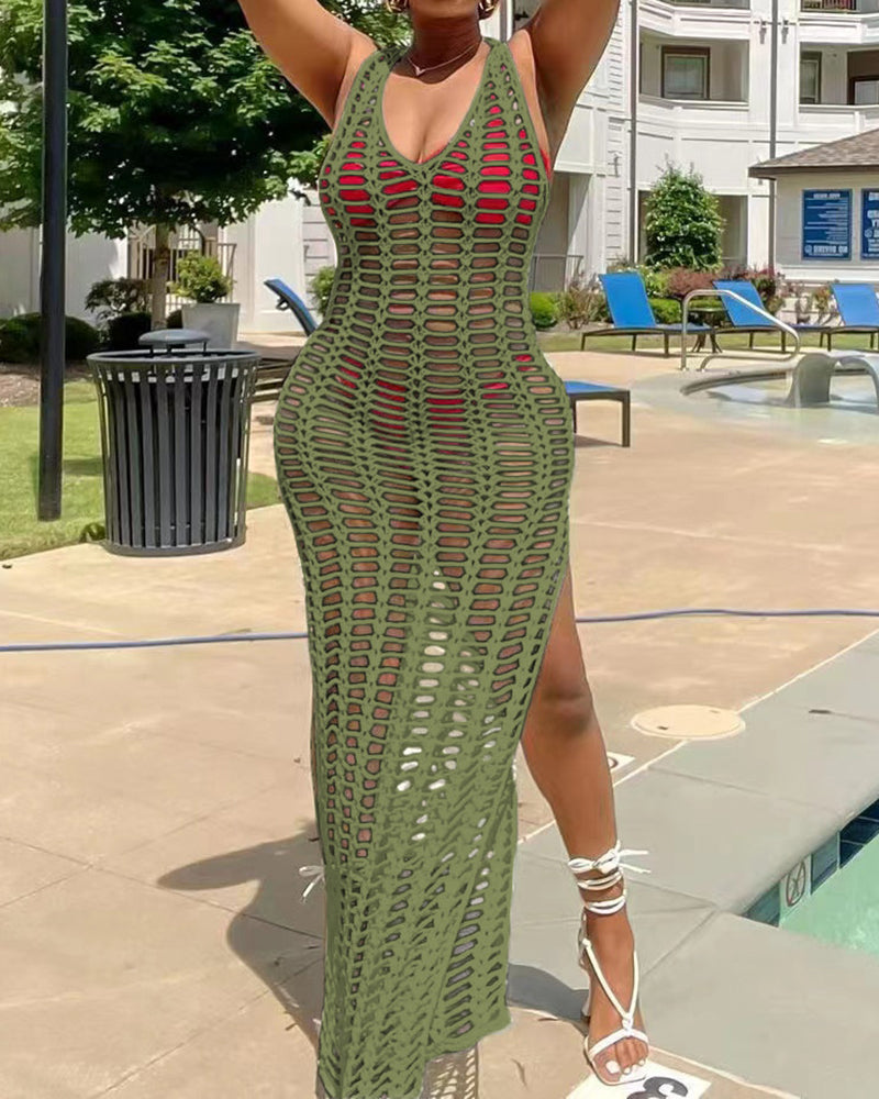 Women Knit Mesh Sleeveless V-neck Fashion Solid Color Beach Dresses White Black Red Green Blue Orange Army Green Light Apricot S-2XL