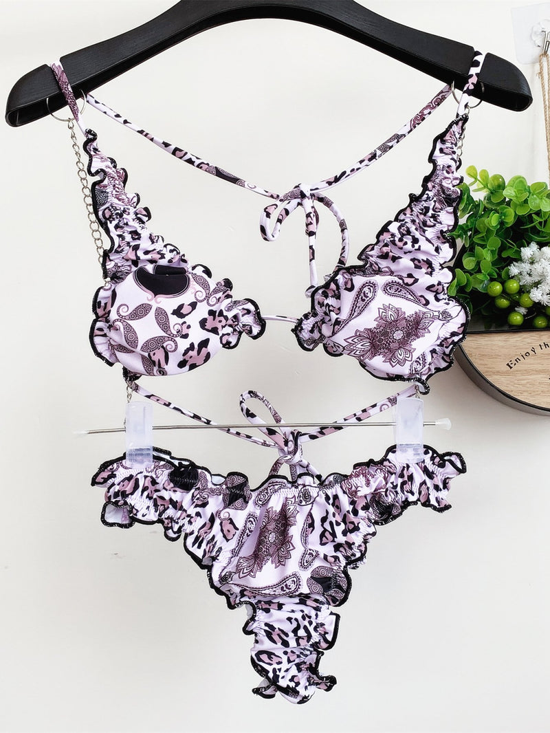 New Bikini Retro Print Swimsuit Flounces OM22102