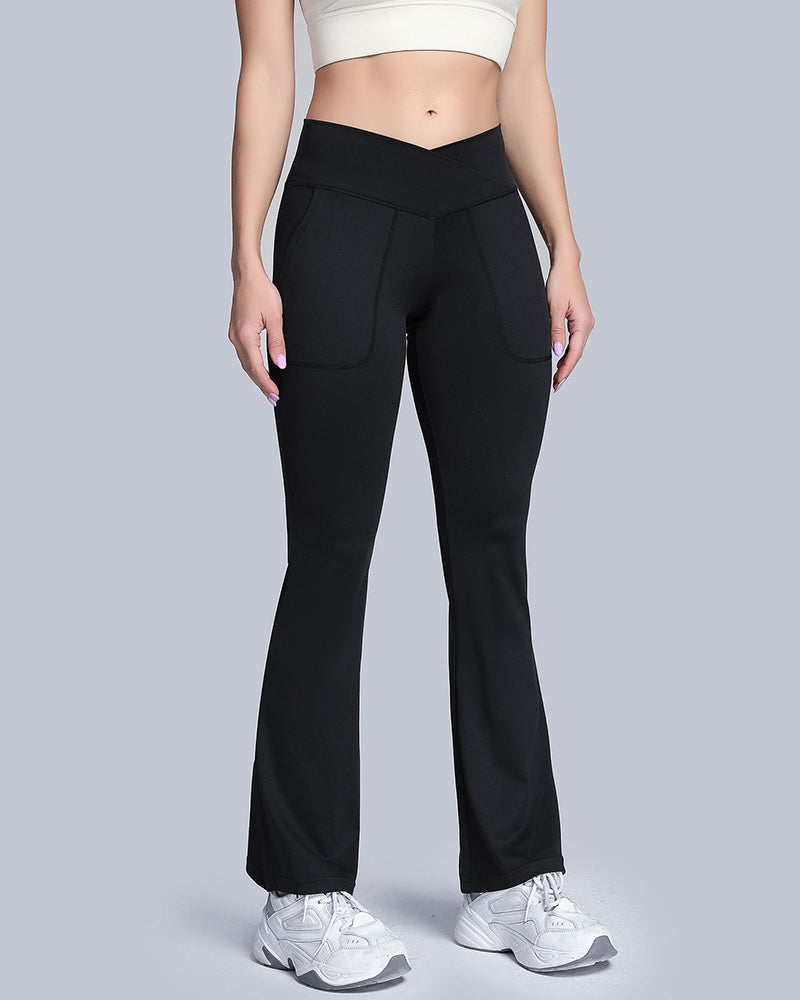 Ladies Cross Waist Wide Leg Pants Navel Nude Pockets High Waist Fitness Sports Yoga Pants S-XL