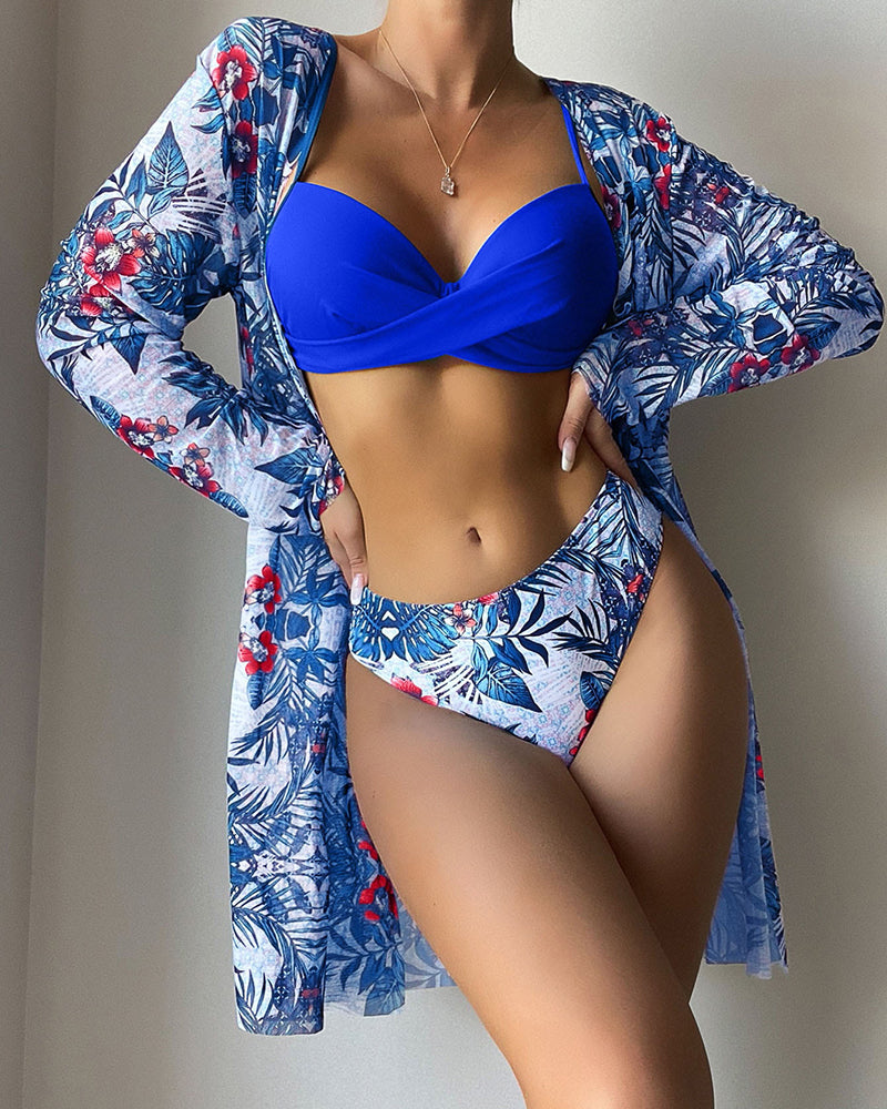 3PCS Tropical Floral Print Crisscross Bikini Set With Cover Up Dress