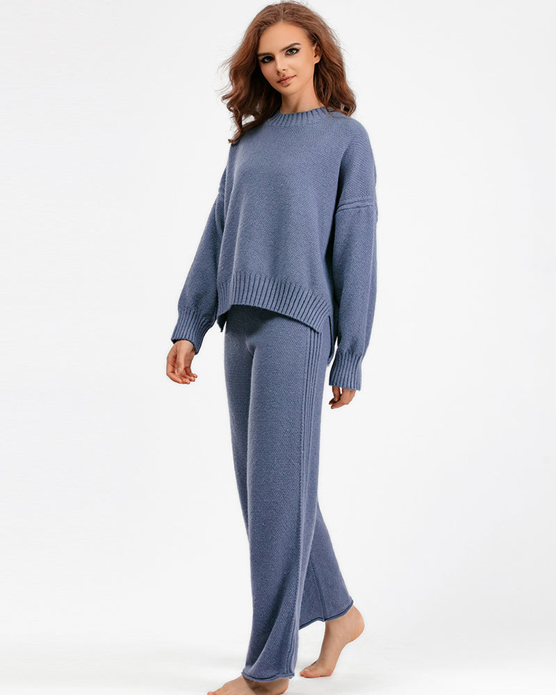 Autumn Winter New Long Sleeve Sweater Wide Leg Knit Pants Casual Wear Two Pieces Set One Size