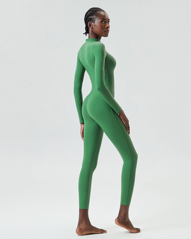 Long Sleeve Zipper Neck Slim High Elastic Fitness Jumpsuit S-XL