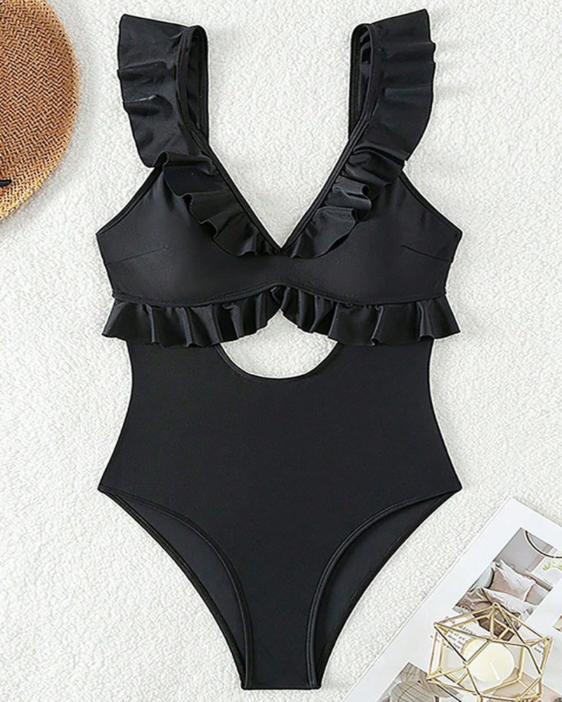 V Neck Hollow Out High Waist Ruffles One-piece Swimsuit Swimwear Black S-XL