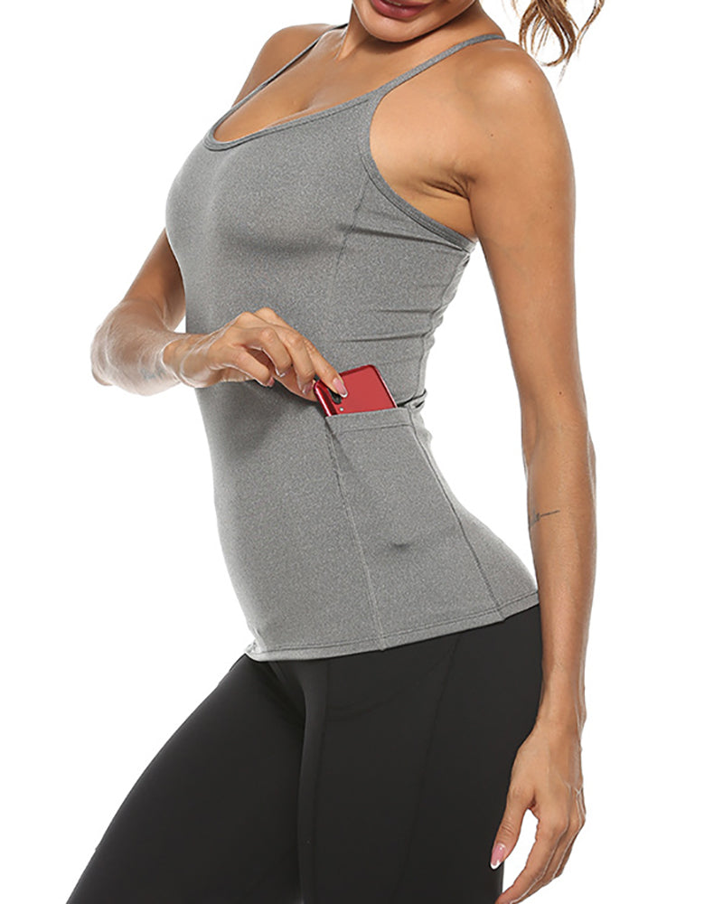 Yoga Tight Sling Nylon High Elastic Side Pocket Slim Fitness Vest Breathable Sports Top S-XL