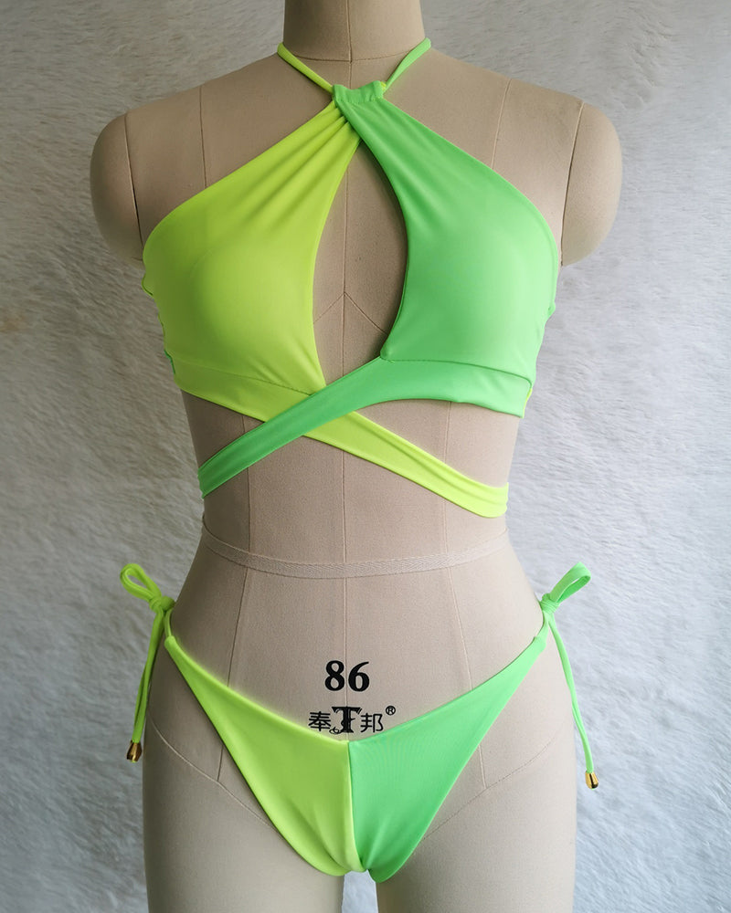 New Swimsuit Color Blocking Gathering Strap Sexy Bikini Swimsuit S-XL