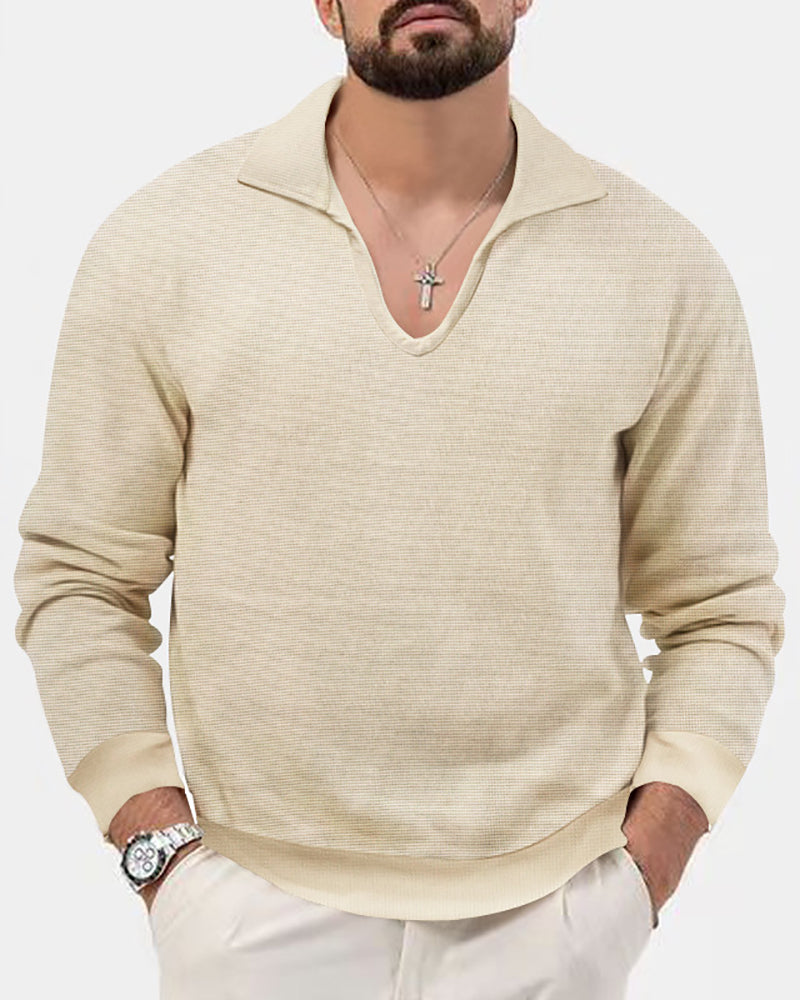 Autumn Men Solid Color Lapel V-neck Long Sleeve Waffle T-shirt Knitwear White Black Army Green Khaki Blue Apricot Gray S-3XL