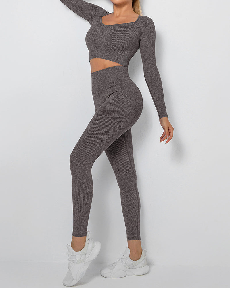 Yoga Seamless Fitness Wear Long Sleeve Sports Suits Two-piece Sets S-L Pants Sets