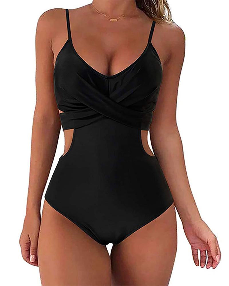 Halter Neck Hollow Out Criss Cross Women One-piece Swimsuit Red Green Black S-2XL