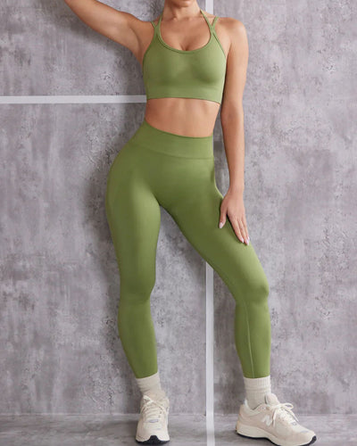 Women New Seamless Solid Color Yoga Two-piece Pants Sets Green Coffee Purple Red Black S-L