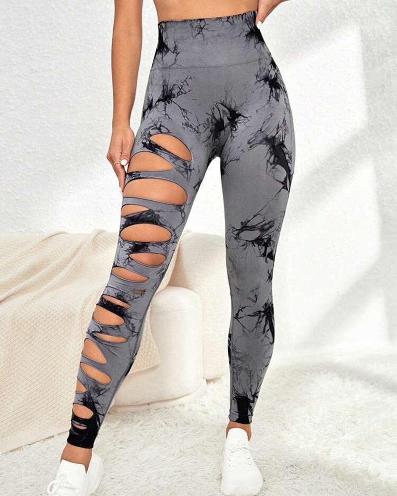 Women Hollow Out Tie Dye Sports Pants Yoga Leggings S-L