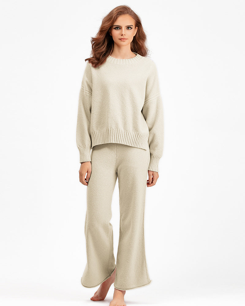 Autumn Winter New Long Sleeve Sweater Wide Leg Knit Pants Casual Wear Two Pieces Set One Size