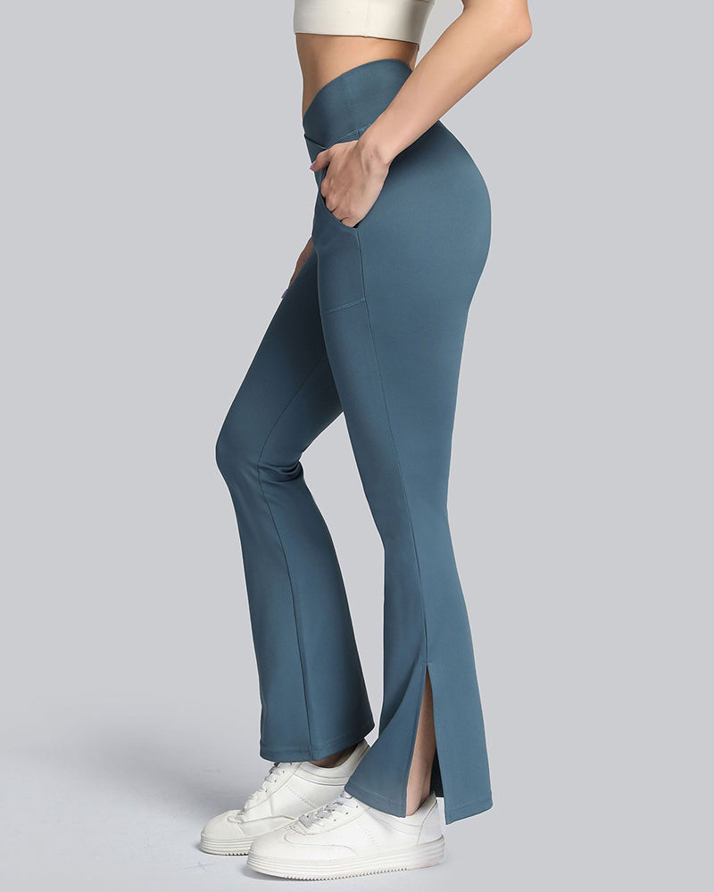 Ladies Cross Waist Wide Leg Pants Navel Nude Pockets High Waist Fitness Sports Yoga Pants S-XL