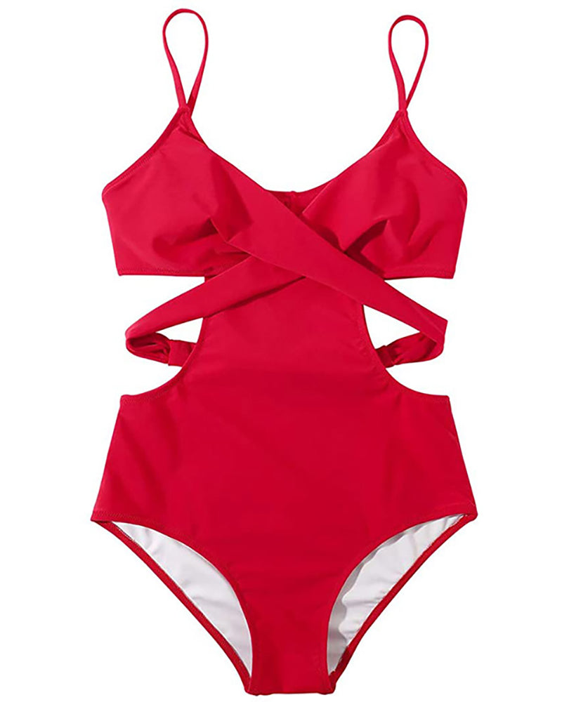 Halter Neck Hollow Out Criss Cross Women One-piece Swimsuit Red Green Black S-2XL