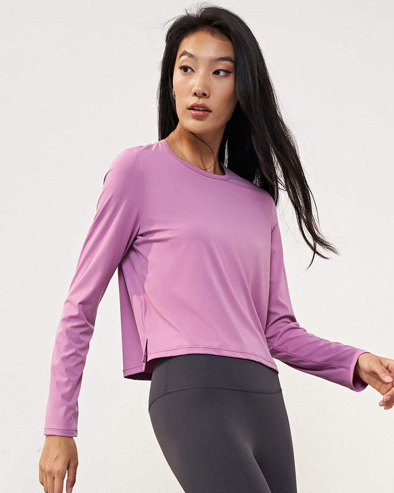 Long Sleeve Solid Color Light Feeling O Neck Loose Yoga Short T-shirt 4-10