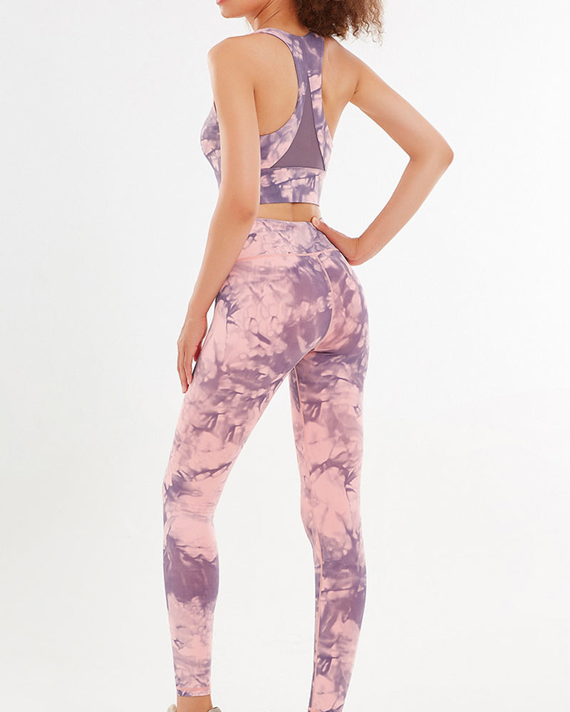 Women Sleeveless Printed V-neck Fitness Yoga Two-piece Suits Pink Blue Green Purple XS-XL Pants Sets